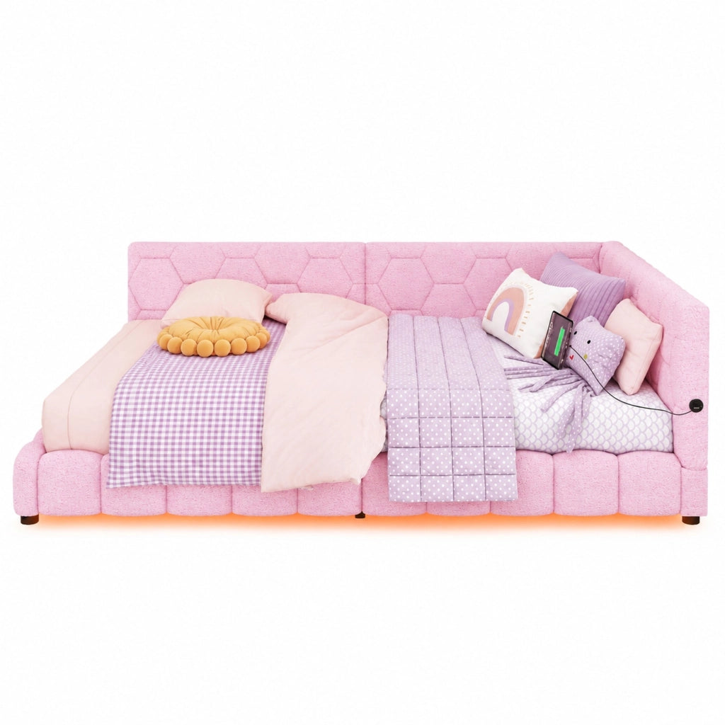 Divano letto rosa 140x200 cm con LED 16 colori, USB e USB-C
