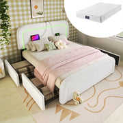 Letto matrimoniale 140x200 cm in Sherpa bianco con LED; USB-C; 4 cassetti e materasso