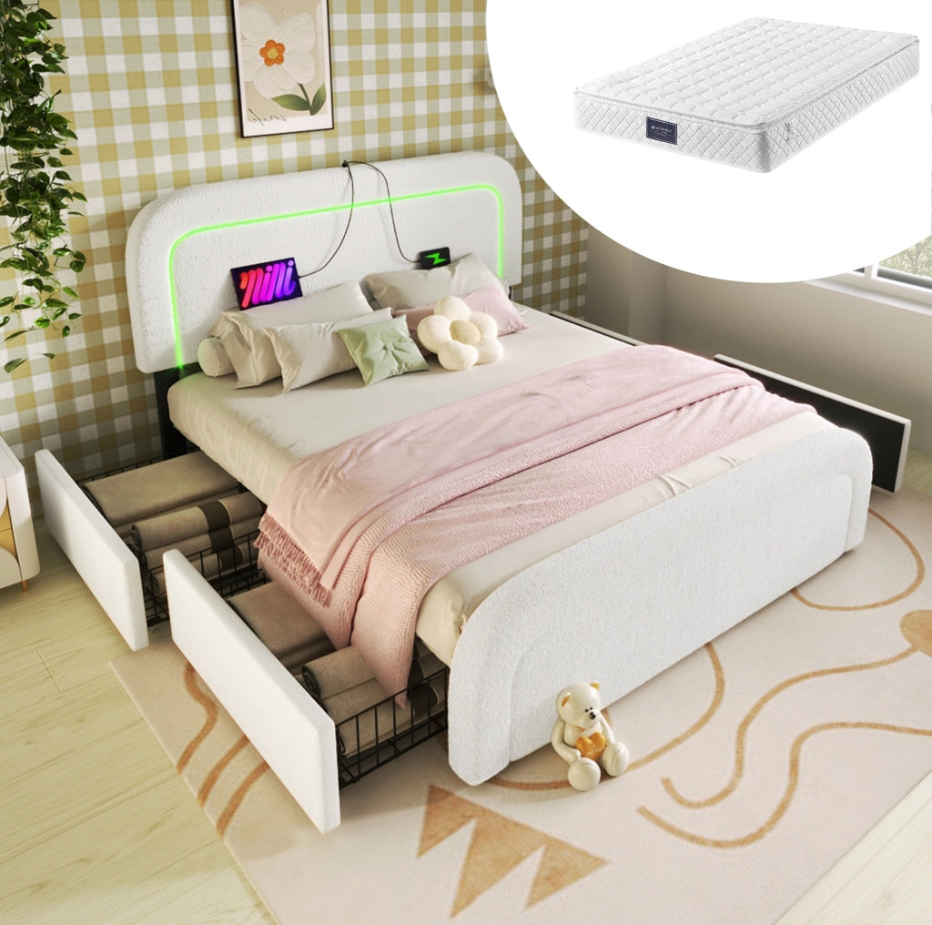 Letto matrimoniale 140x200 cm in Sherpa bianco con LED; USB-C; 4 cassetti e materasso