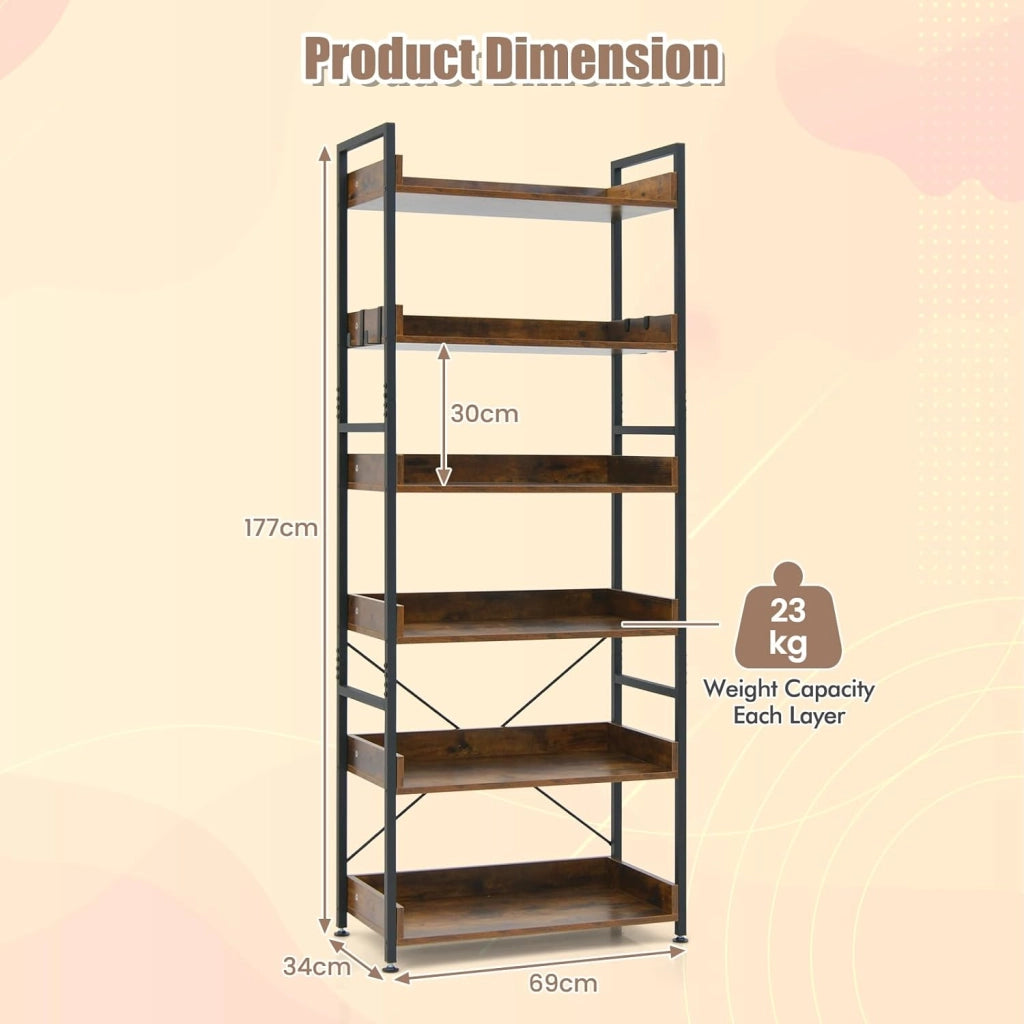 Libreria a 6 Livelli, Scaffale con 4 Ganci, in Metallo, per Soggiorno, Studio, 69 x 34 x 177 cm