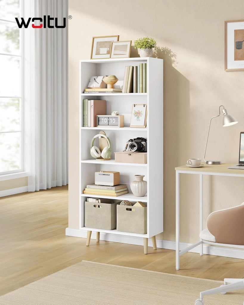 Libreria a 5 Ripiani, Scaffale Libreria da Terra Salvaspazio, Mobile Porta Libri in Legno Bianco Moderno, per Soggiorno, Camera da Letto, Studio, Ufficio, 60x24x144cm