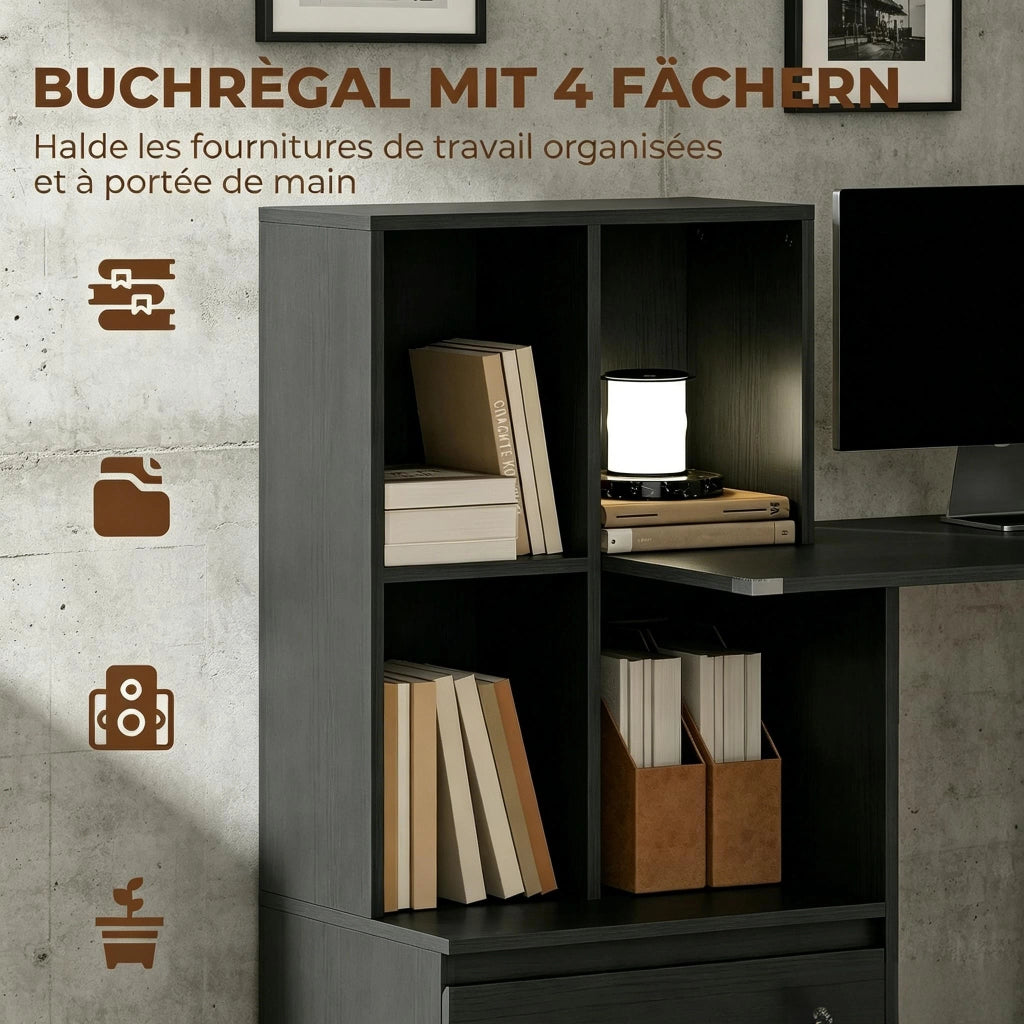 SCRIVANIA COMPUTER con libreria 4 scomparti e cassetto chiudibile 126x50x109 cm Nero