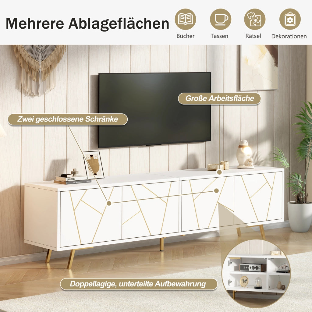Mobile TV 190x40x51;5 cm con 4 ante e 5 gambe in metallo; bianco e oro