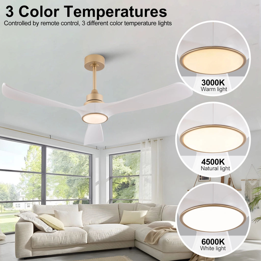 Ventilatore da soffitto con luce 52 pollici bianco e oro; 3 pale in ABS; telecomando e motore DC reversibile
