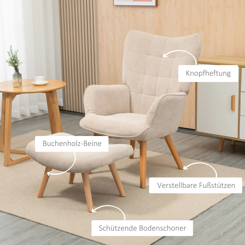 POLTRONA con pouf 72x80x101 cm velluto a coste beige