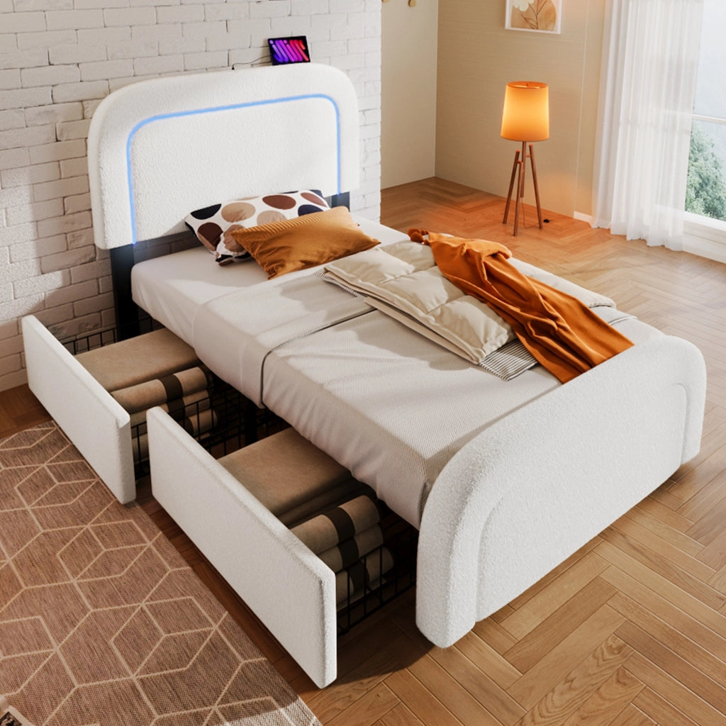 OKWISH Letto con Cassetti Singolo, USB, Type-C, LED e 2 Cassetti, 90 x 200 cm, con Materasso, Bianco