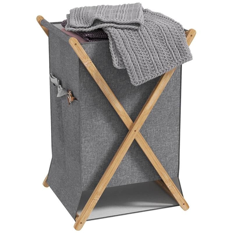 CESTO PORTABIANCHERIA PIEGHEVOLE 55L IN TESSUTO E TELAIO 41X41X64 CM IN BAMBÙ LEGNO E GRIGIO