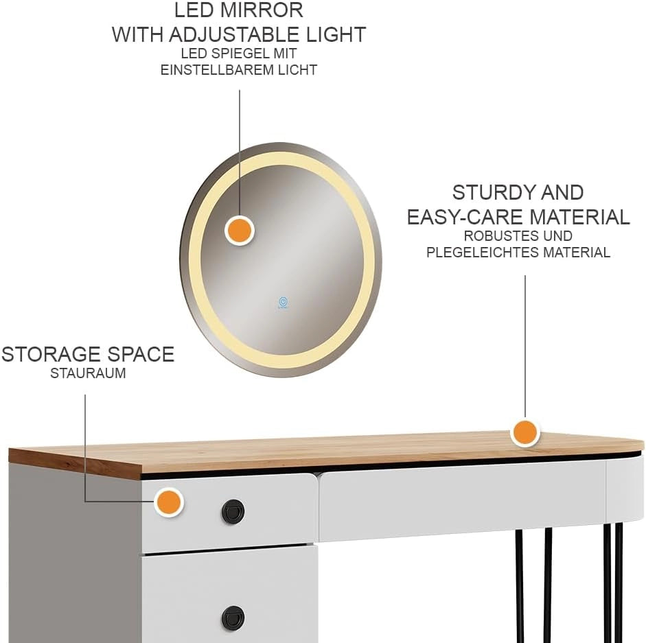 Tavolo da toilette Mia, Bianco/legno naturale, 120 cm con specchio LED, con illuminazione LED e grande specchio per applicazioni di trucco