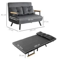 Divano Letto 3 in 1 in Tessuto Effetto Velluto con Schienale Regolabile e 2 Cuscini, 102x73x81 cm, Grigio Scuro