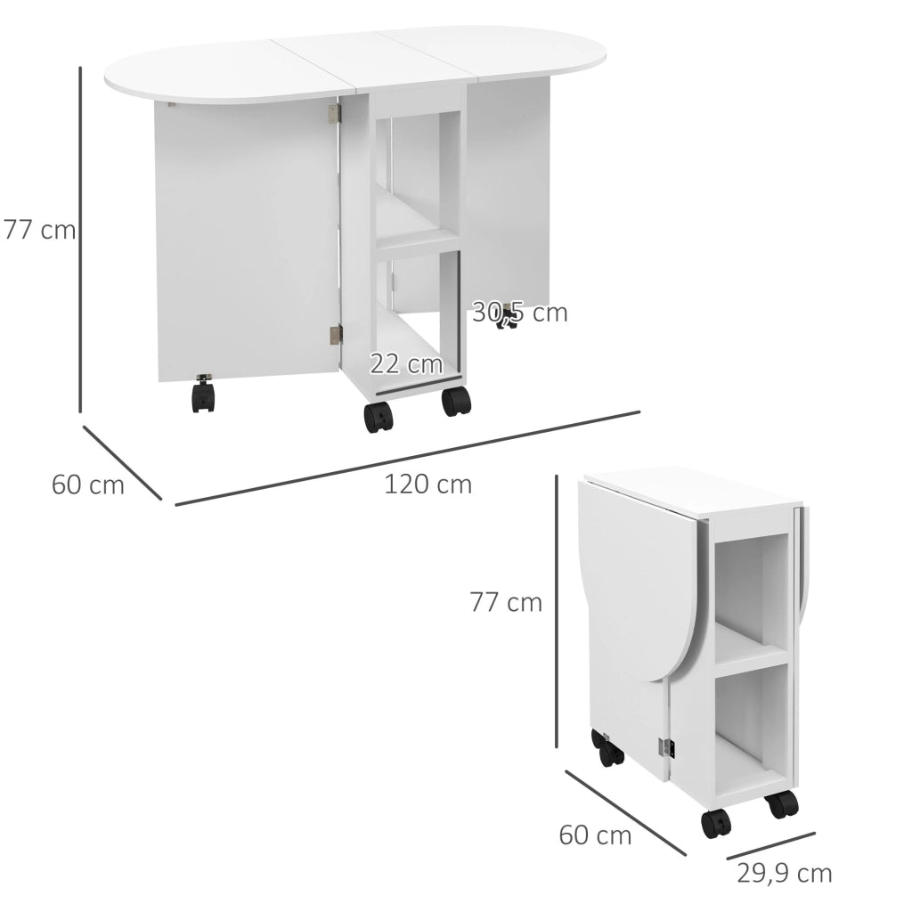 Tavolo Pieghevole con Ruote e Ripiani ¨C Zephmum ¨C Bianco 120x60x77 cm