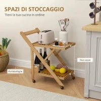 Carrello da Cucina Portavivande Pieghevole a 2 Livelli con Portabottiglie in Legno di Bambù