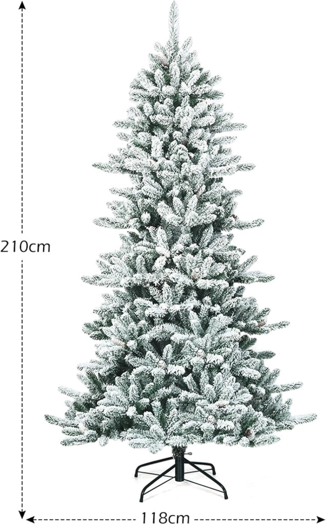 Albero di Natale Artificiale 210 cm, Albero di Natale Innevato con 1108 Rami Densi, Pigne Bianche e Base in Ferro, Decorazione Natalizia per Casa, Negozio e Ufficio