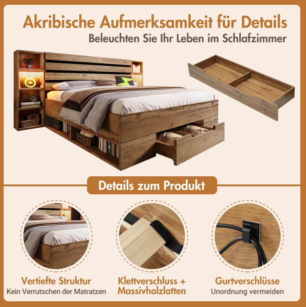 Letto matrimoniale con contenitore, luci LED e porte USB/Type-C, quercia, 160 x 200 cm