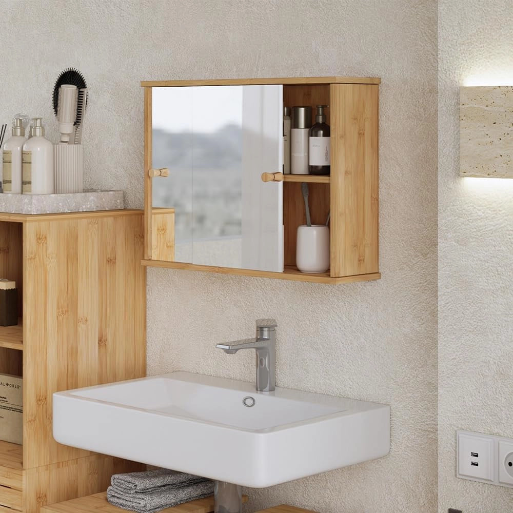 Specchio contenitore bagno Mireo, Bambù, 55 x 40 cm con 2 porte scorrevoli