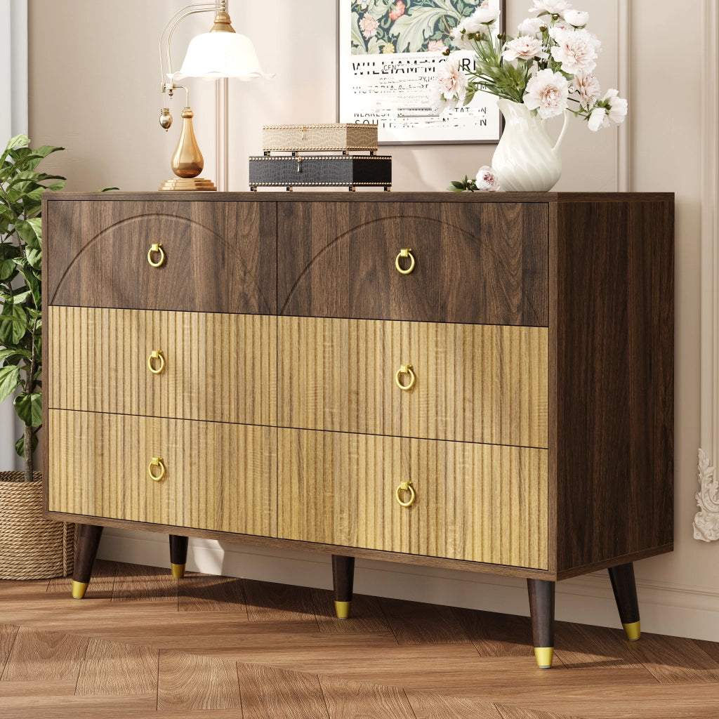 Credenza con 6 Cassetti; Maniglie ad Anello in Metallo Dorato; Stile Vintage; in MDF; 120??40??81 cm; Naturale