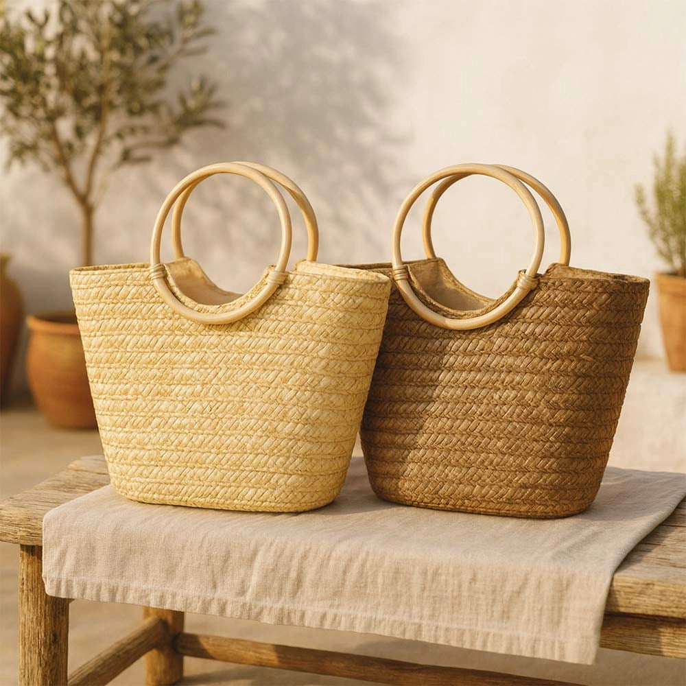 Borsa mare donna Paviera naturale in paglia intrecciata con manici tondi rattan