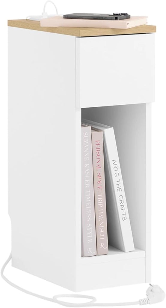 Set da 2 comodini camera da letto stretti con ricarica USB & Type-C, tavolino da letto con incavo battiscopa, mobile salvaspazio per piccoli ambienti, bianco 20x35x60 cm FBT111-E-WNx2