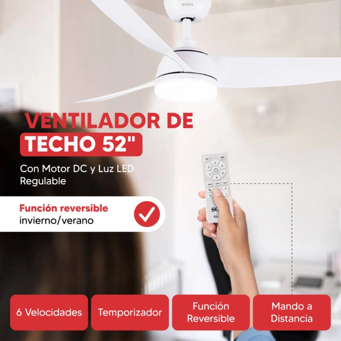 Ventilatore da soffitto 132 cm con luce LED 24W regolabile, motore DC silenzioso 6 velocità e telecomando, per stanze fino a 30 mq - Sogo
