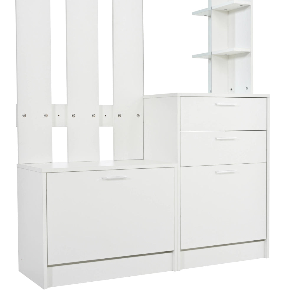 Mobile da ingresso con appendiabiti; specchio; 2 cassetti e 2 scarpiere a ribalta MDF bianco 110 × 34 × 185 cm