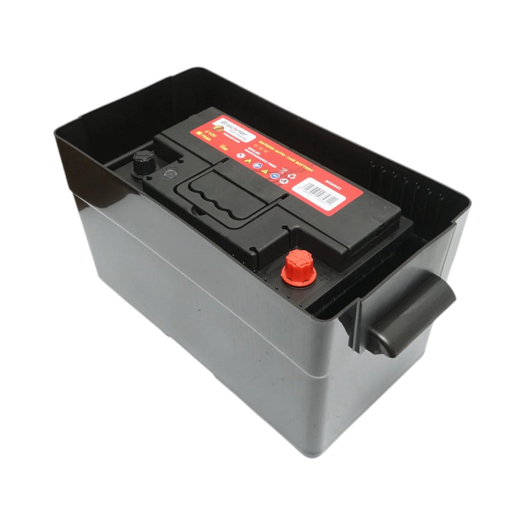 Cassetta per batteria auto 12V con voltmetro DC 6–30V, interruttore di alimentazione 100A, presa accendisigari, display LCD, 2 porte USB, 350 × 180 × 200 mm.
