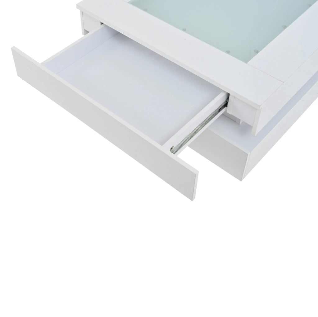 Tavolino da caffè 70x70x35 cm con illuminazione LED; 3 cassetti; vetro e pannello truciolare bianco