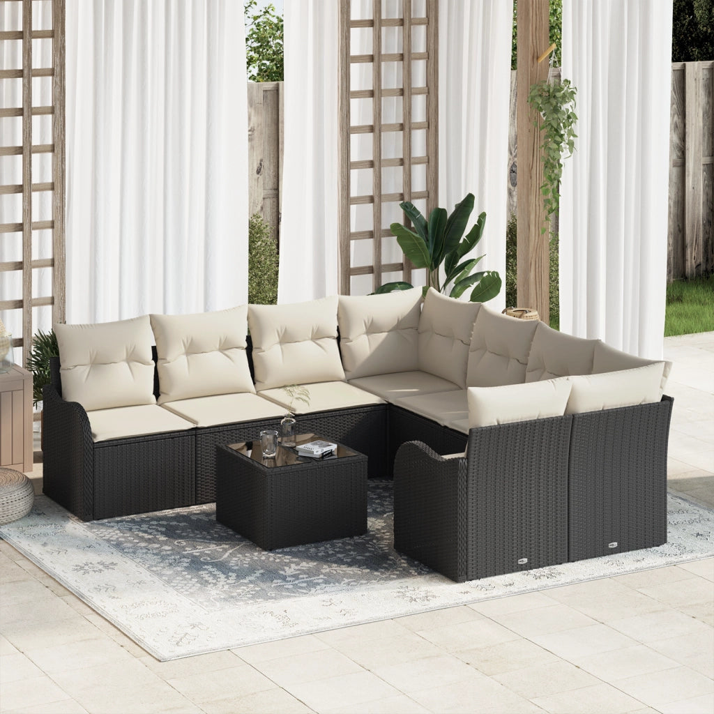 Set Divano da Giardino 9 Pezzi con Cuscini in Nero Polyrattan