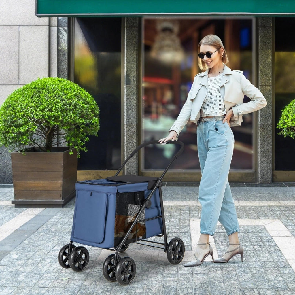 Passeggino per Cani Pieghevole, Carrello a 4 Ruote per Animali Domestici Piccoli e Medi, Trasportino Portatile con Ruote, Lucernario e Tasche, Chiusura Rapida (Blu)