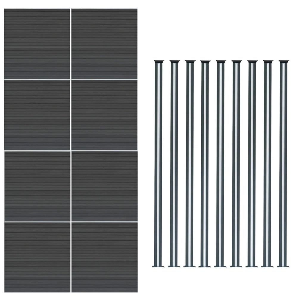 Pannelli Recinzione x8 + 9 Pali Alluminio LED Grigio Doghe PVC 185cm