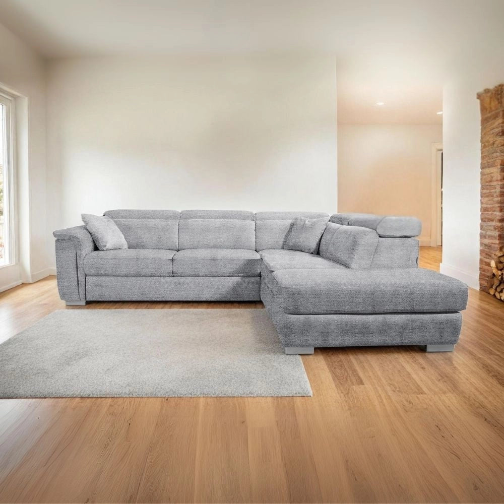 Divano angolare Carovigno con letto roller penisola destra pouff contenitore in tessuto teddy Arizona 101 grigio