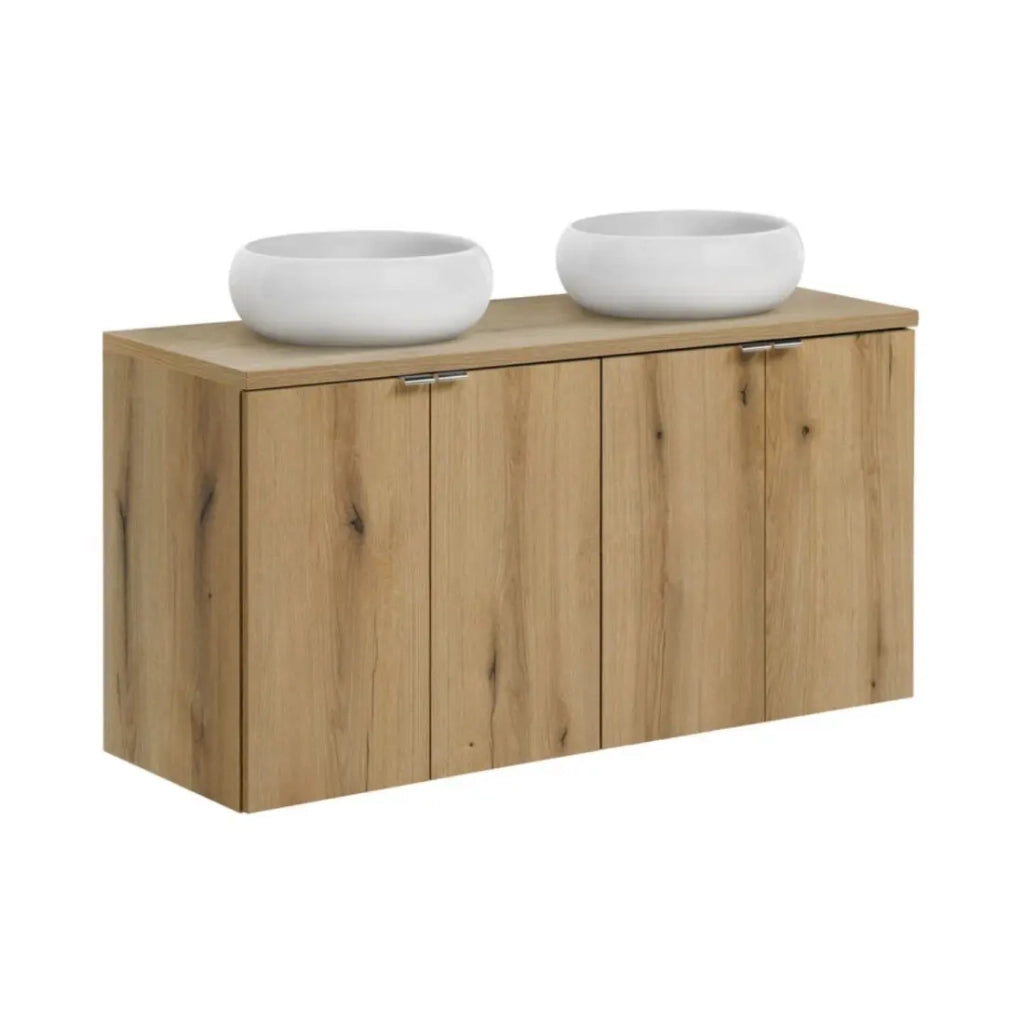 Set VANO effetto rovere 120cm: mobili sottolavabo con ante + piano per lavabo + lavabi da appoggio tondi bianchi