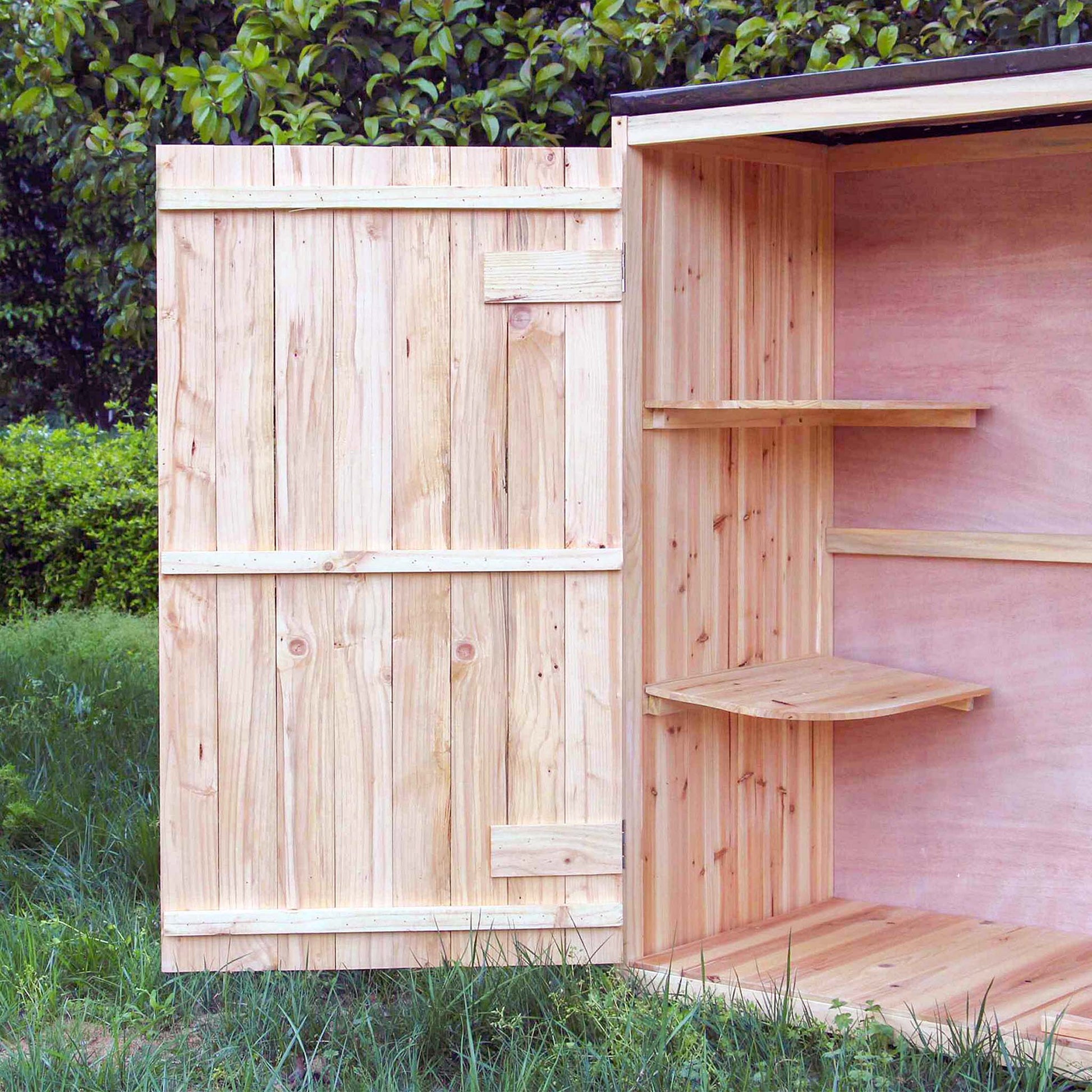 Casetta porta attrezzi da giardino in legno color naturale, 136 x 127 x 58 cm, armadio da esterno a due ante, capanno per utensili e strumenti