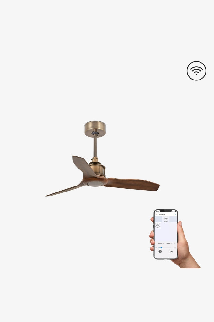 FARO Ventilatore a soffitto Just Fan S in Acciaio Oro Vecchio con pale noce motore DC 6 velocita funzione inversa compatibile TUYA per soffitti inclinati FARO-33428WT