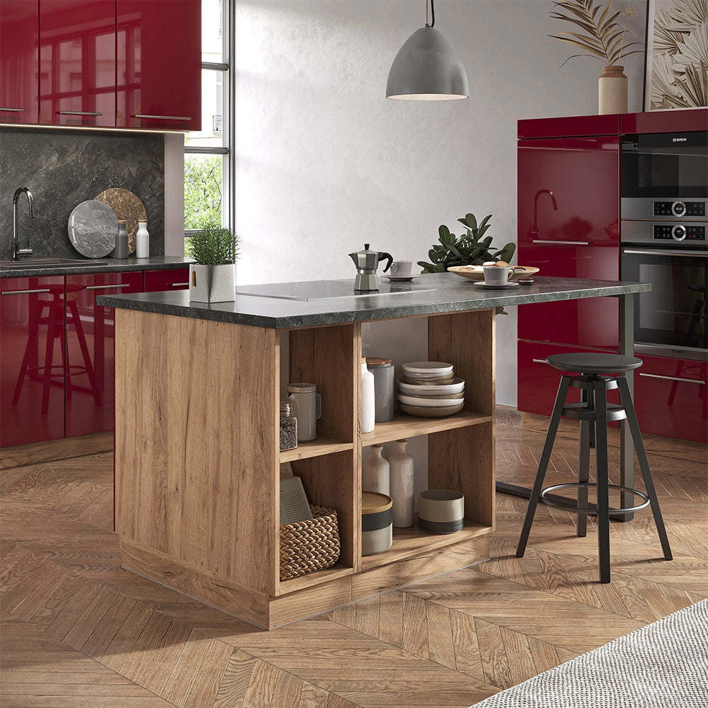Isola cucina Fame-Line Bordeaux lucido/Rovere dorato 90 cm con cassetto, senza piano di lavoro Vicco