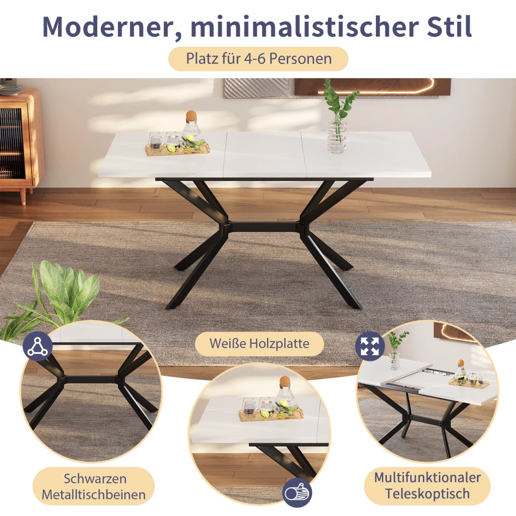 Tavolo da pranzo rettangolare allungabile con gambe in metallo nero; piano bianco per 4-6 persone