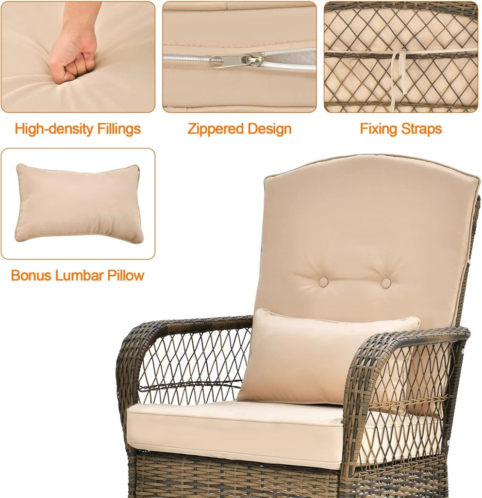 Set di Sedie a Dondolo in Rattan per Balcone, 3 Pezzi Mobili da Giardino con 1 Tavolino e 2 Sedie a Dondolo, Marrone Chiaro