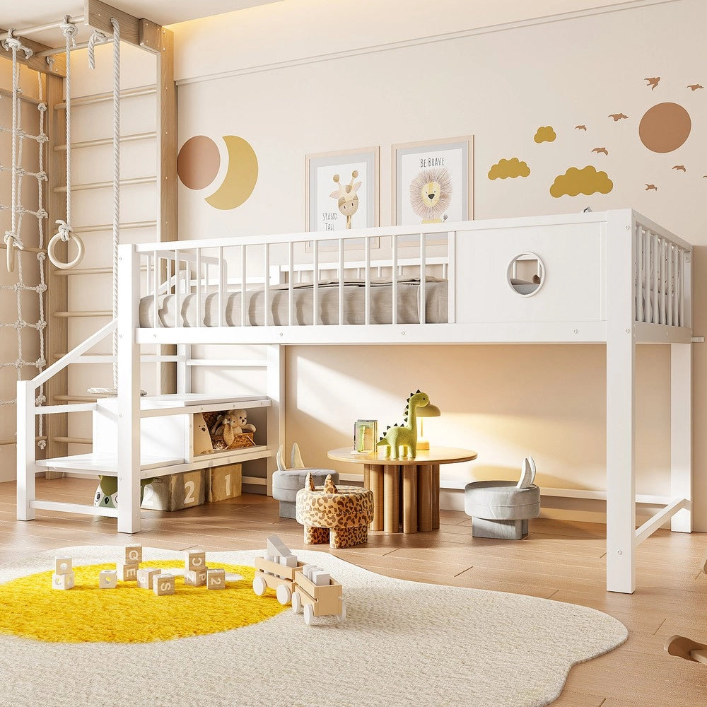 Letto a Soppalco Basso per Bambini con Scala Contenitore ¨C Xylo ¨C Metallo Bianco 90x200