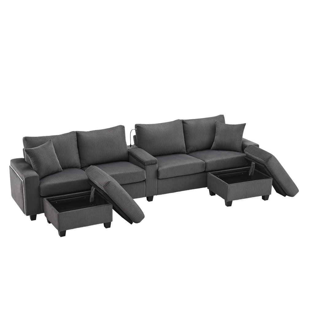 Divano a U in velluto a coste con 2 pouf contenitore; LED; USB e Type-C; grigio 334x128;5x81 cm