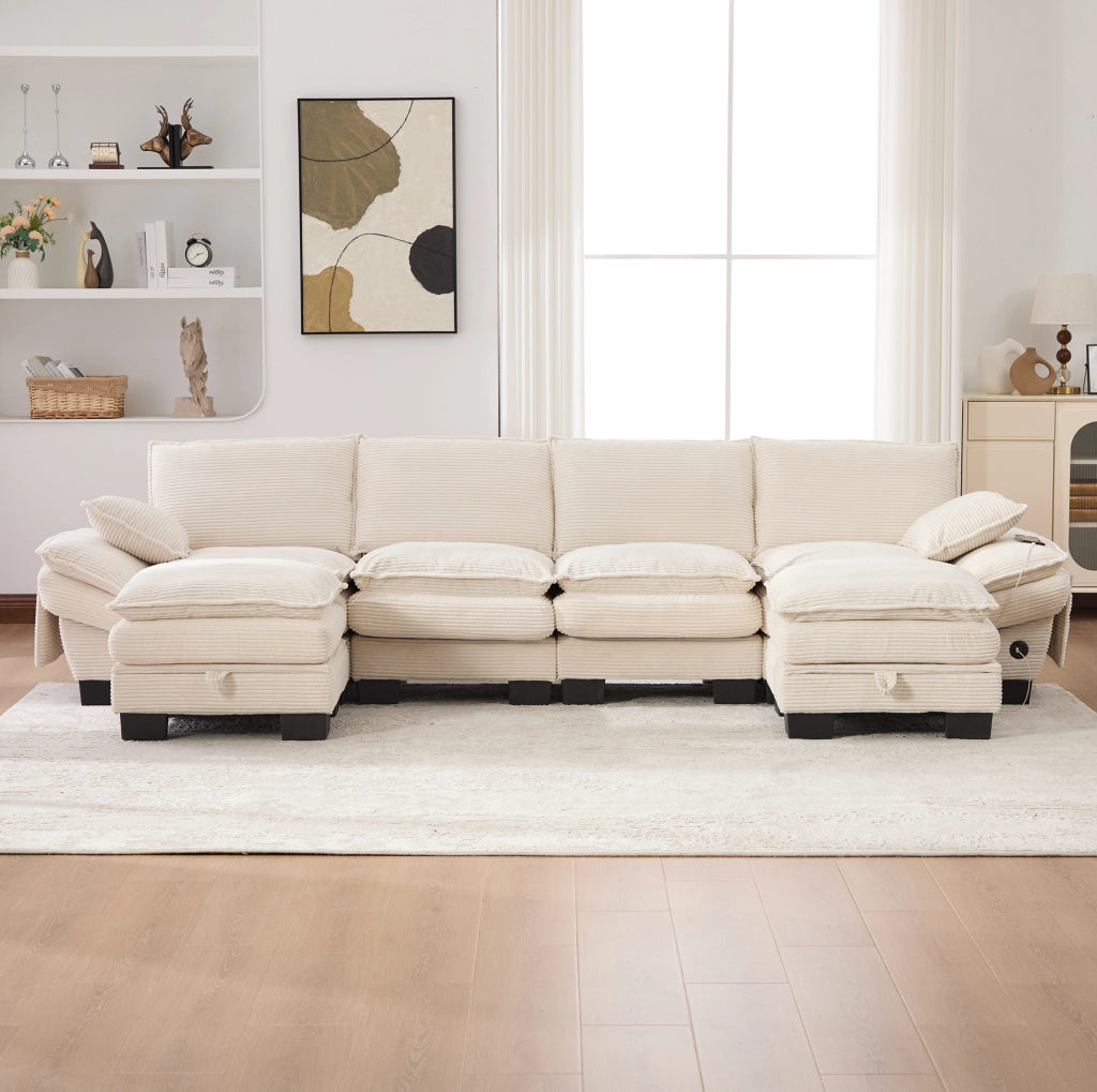 Divano modulare 4 posti 330x132x84 cm con 2 pouf; USB-C e velluto a coste beige