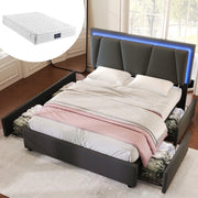 Letto contenitore matrimoniale 160 × 200 cm con 4 cassetti, LED, testiera regolabile, materasso incluso