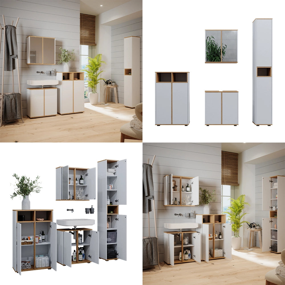Vicco Set mobili bagno Bianco/Artisan 4 pezzi, con colonna e mobile midi con ante