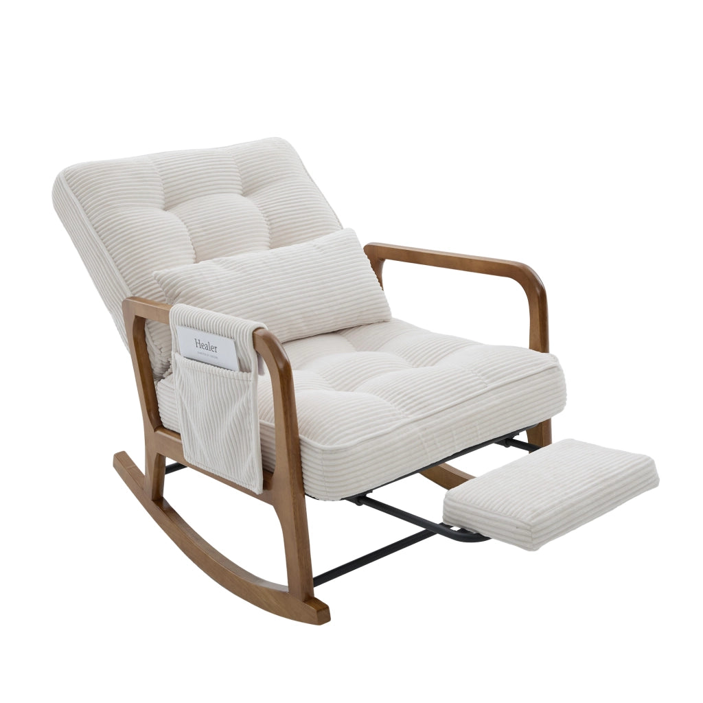POLTRONA A DONDOLO con poggiapiedi e tasca laterale 70x80x92 cm corda beige