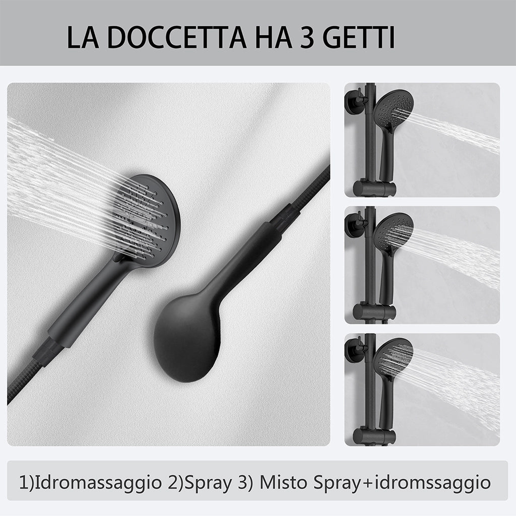 AICA Colonna Doccia con Miscelatore Termostatico, Set Doccia con Soffione Quadrato 20cm e 108mm Doccetta Nero