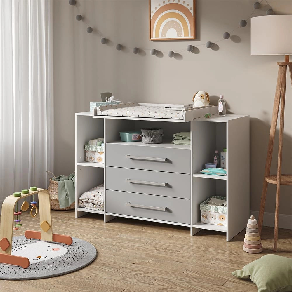 Fasciatoio Oskar, Bianco/Grigio, 143 x 100 cm XL con cassetti, adatto come fasciatoio con area di appoggio estensibile