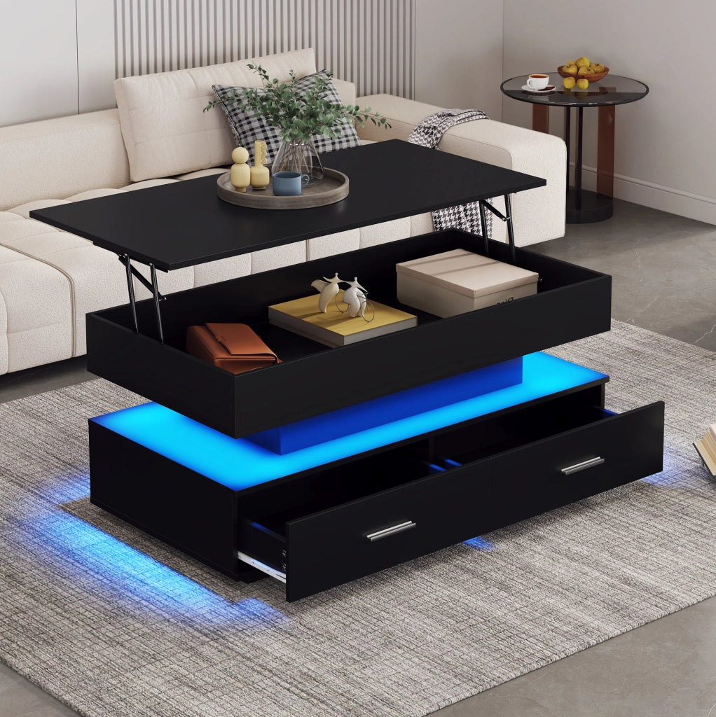 Tavolino da caffè regolabile con LED, 2 cassetti, nero