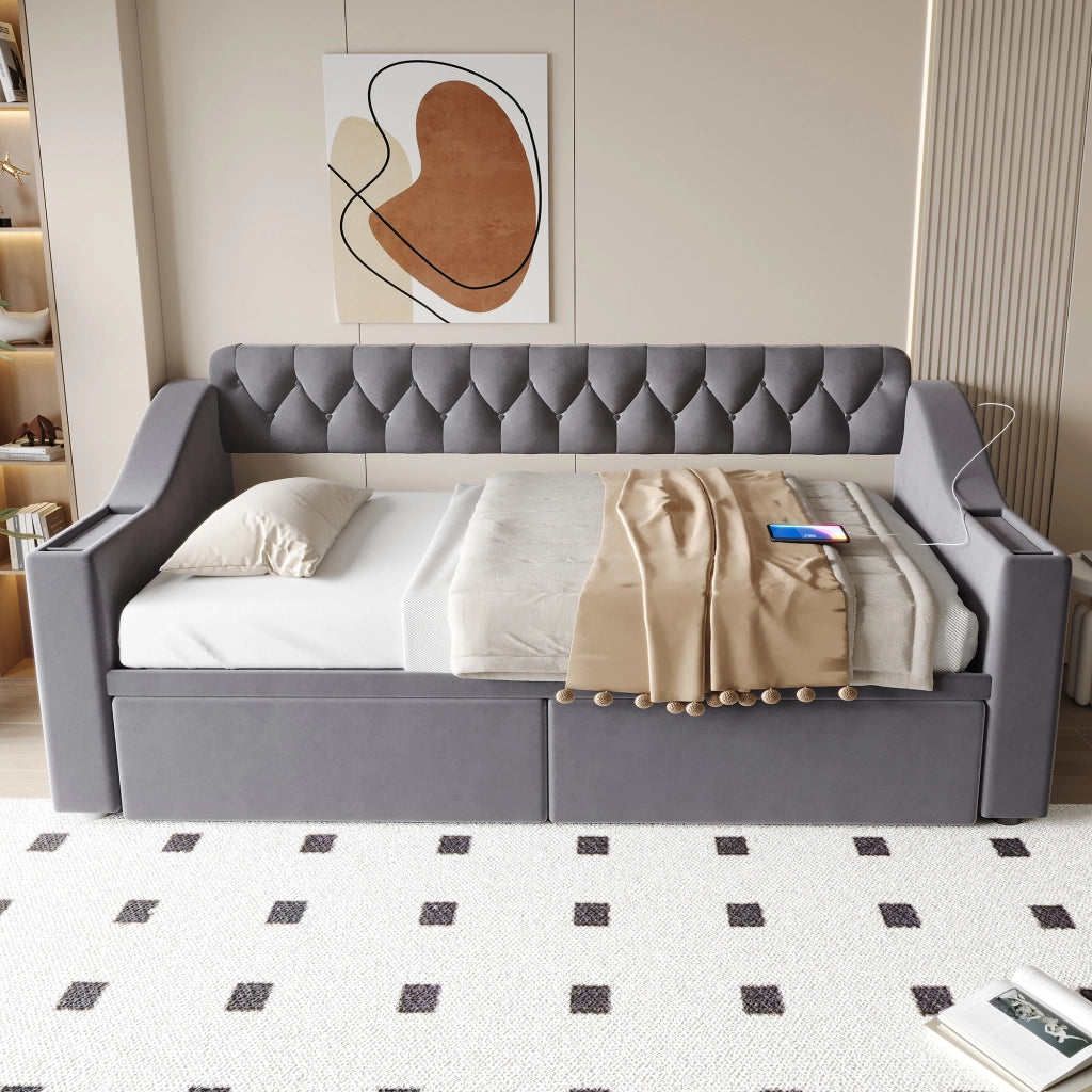 Letto imbottito 90x190 cm con divano letto, tessuto velluto, 2 cassetti contenitore, porte USB e struttura in metallo, grigio scuro