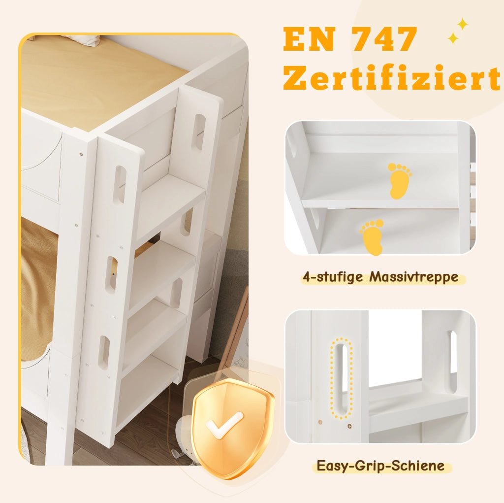 Letto a castello separabile 90x200 cm con scala reversibile; bianco; in legno e metallo