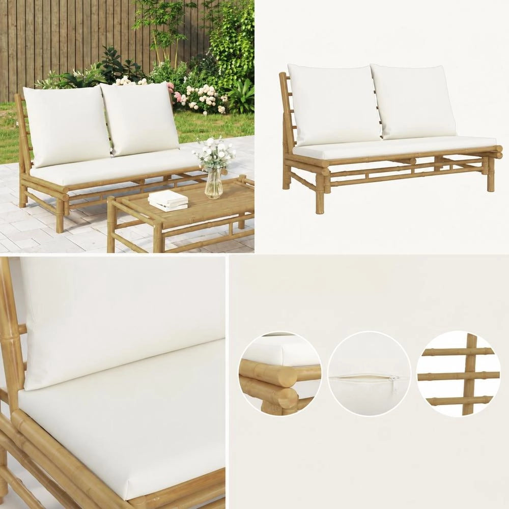Garden Bench With Cream-white Cushions, Bamboo