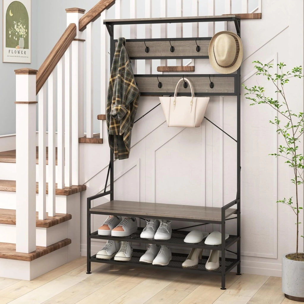 Appendiabiti albero da ingresso 4-in-1 con 11 ganci, Panca per scarpe scarpiera a 2 ripiani Grigio