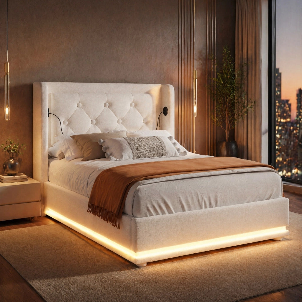 Letto singolo imbottito 90x200 cm beige con contenitore idraulico, testiera con USB Type-C e LED a 3 lati, con materasso