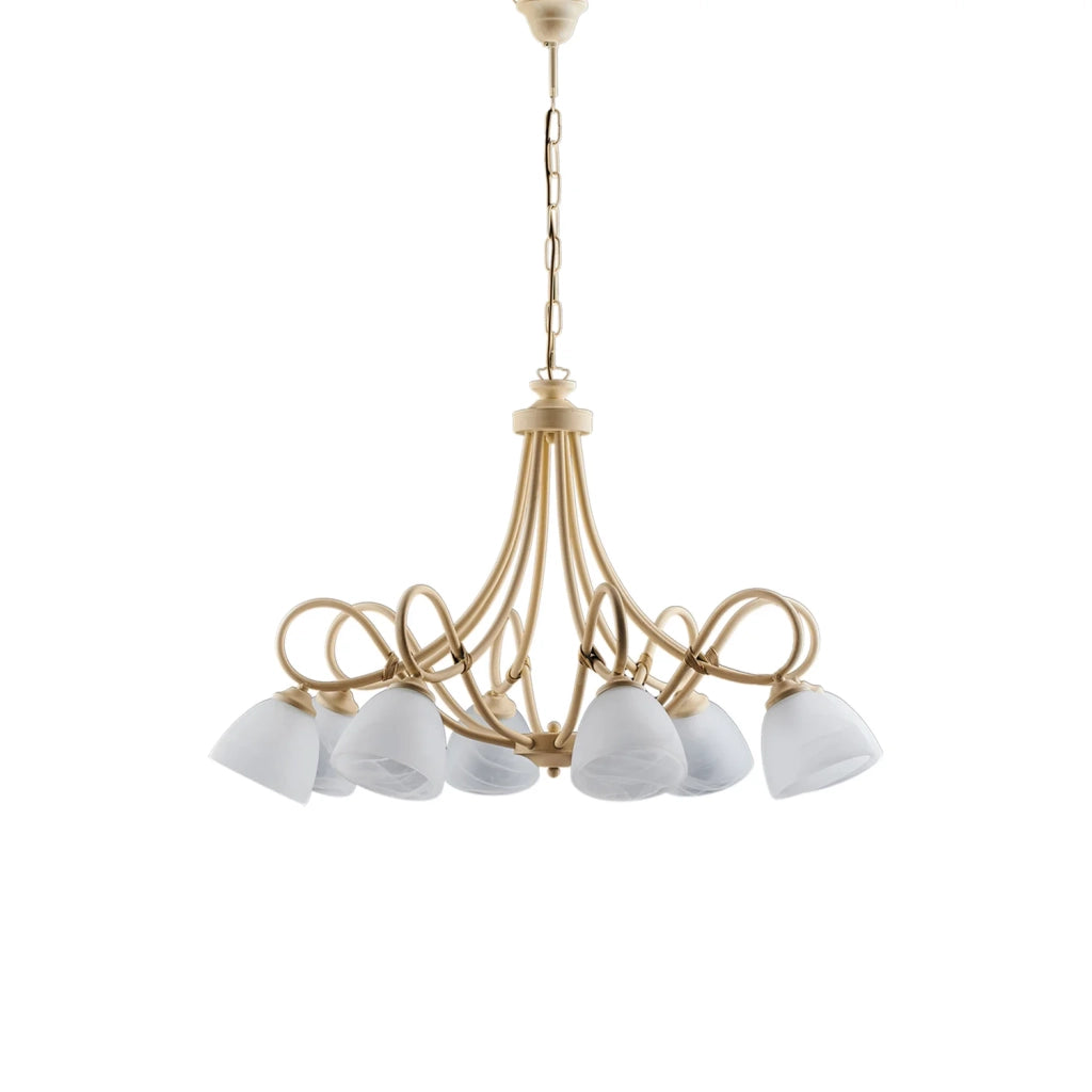 Lampadario 8 Luci Dallas Ferro Battuto Avorio Decapè Vetro Bianco